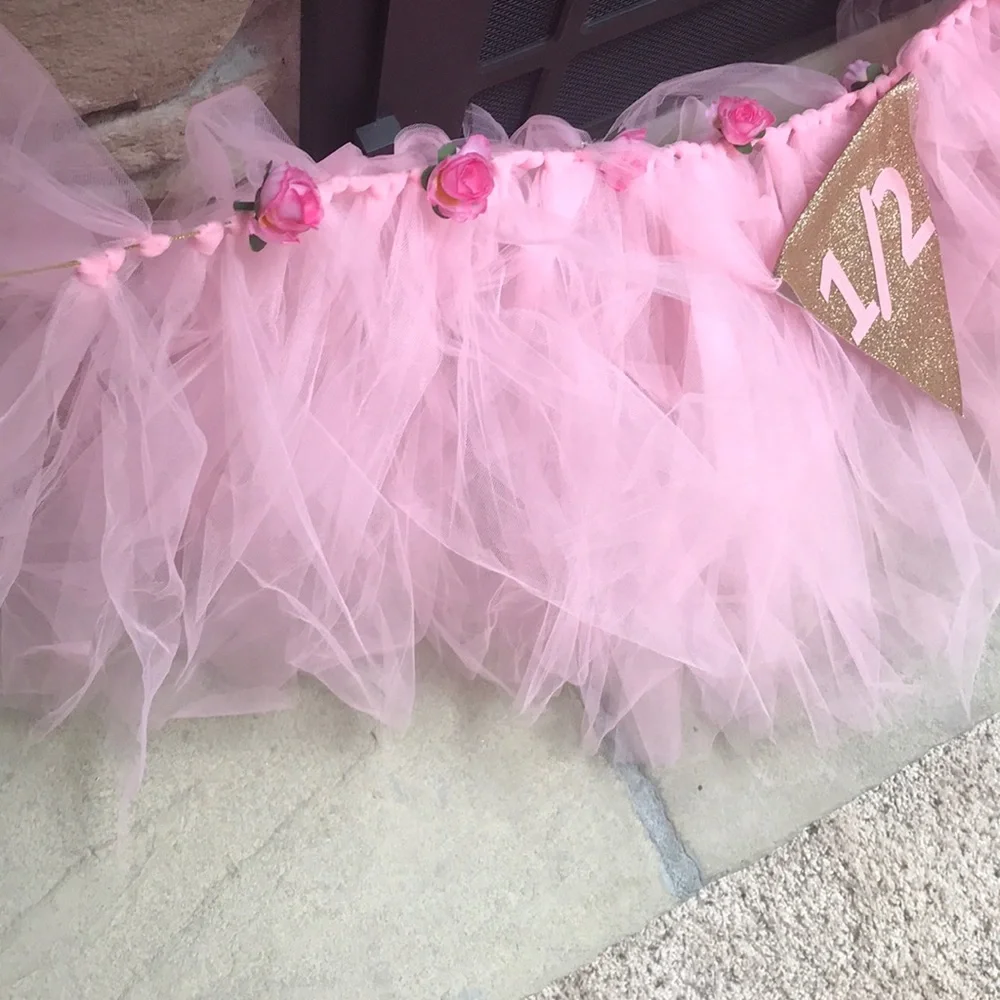 1/2 Year Birthday Girl Pink Floral Tulle High Chair Banner Decoration – Handmade